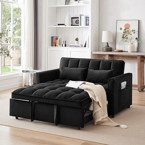 howcool 3 in 1 Convertible Sleeper Sofa Bed, 55 Pull Out Couches, Modern Loveseat Sleeper Sofa with Adjustable Reclining Backrest & Side Pockets for Living Room, Velvet Fabric, Classic Black