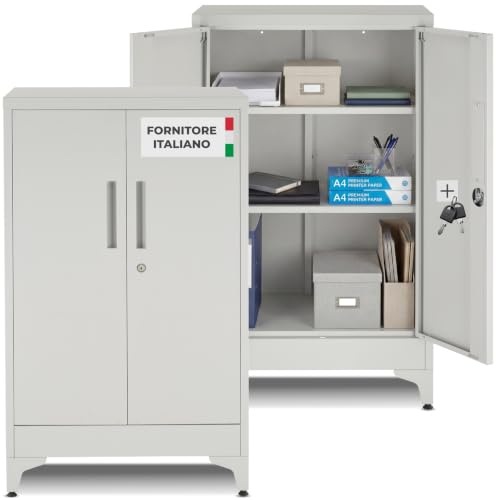 tectake® Armoire à dossiers 60 x 40 x 100 cm, Lot de 2, Portes à Fermeture magnétique verrouillables, 2 étagères réglables, Armoire de Bureau en Acier, Meuble de Rangement Dossiers, Classeurs - Gris