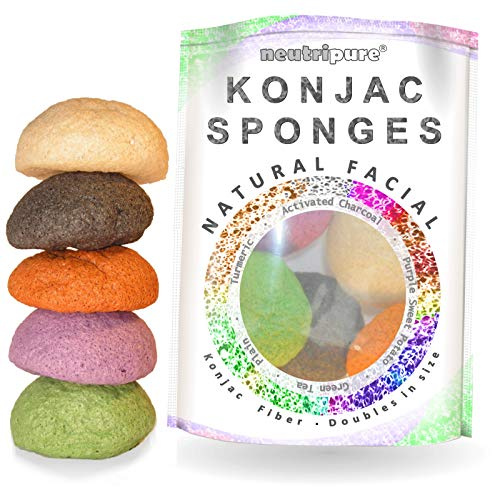 Konjac Sponge Set: Organic Skincare Facial for Natural Exfoliating and Deep Pore Cleansing 5 Piece Sampler Pack Infused with Charcoal, Turmeric, Green Tea