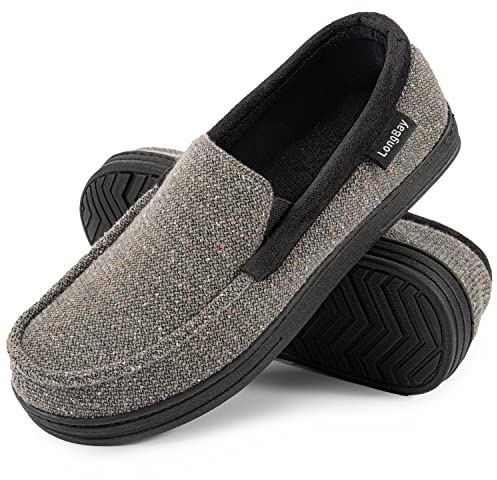 LongBay Men's Moccasin Slippers Memory Foam House Shoes Indoor Outdoor | Breathable knitted fabric, Coral fleece lining, Memory Foam, Non-Slip Rubber Sole, Indoor Outdoor, House Shoes, Hotel, Gift