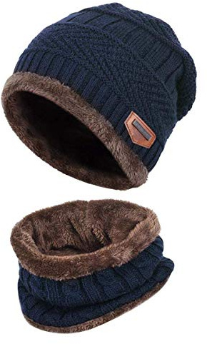 Malaxlx Enfants Bonnet Écharpe Tricoté 2Pcs Ensemble Hiver Chaud Épais Bonnet Tour de Cou avec Doublure Polaire pour Garçons Filles (Bleu)