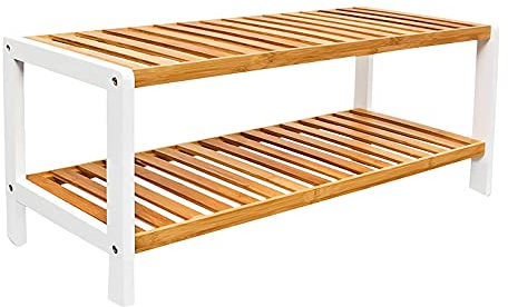 1ABOVE Bamboo Shoe Rack, Plant Rack, Perfect for Corridor, Living Room, Bathroom, Bedroom, Hallway or Small spaces-Parent. (Natural & White, 2 Tier)