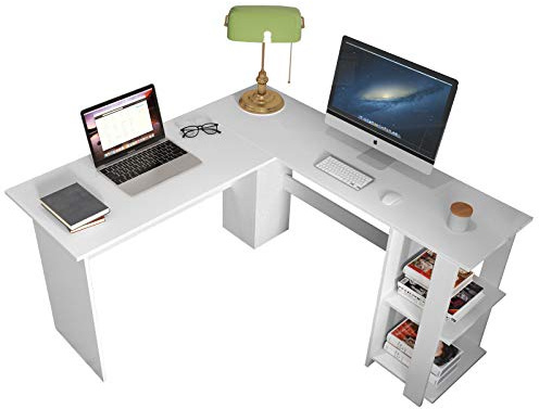 DlandHome Schreibtisch L Form mit Ablage Eckschreibtisch Weiß mit Stauraum Winkelschreibtisch Gaming Schreibtisch, großer Arbeitstisch Bürotisch Studie PC Laptop Tisch mit Schreibtischablage,Weiß