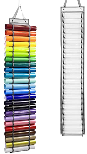 Portarrollos de Vinilo Estante de Almacenamiento de Vinilo con 24 Compartimentos Organizador de Almacenamiento de Rollos de Vinilo Soporte de Rollo para Colgar en Pared con 2 Ganchos y 1 Correa (24)