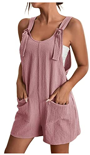 EMATOP Kurzer Overall Damen Sommer Casual Jumpsuit V-Ausschnitt Elegant Playsuit Lose Kurzarm Einteiler Latzhose mit Taschen und Gürtel Romper Klassisch Streifen Sommerhose Frauen Shorts