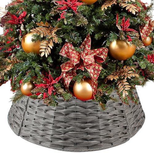 Weihnachtsbaum-Halsband, 66 cm, handgefertigt, künstliches Rattan, Korb, gewebter Baumringständer, Bodenabdeckung für Urlaubsdekoration, rund, Grau