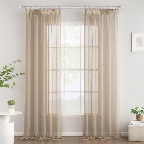 Woaboy Tende per Interni Finestre Voile Trasparenti con Fettuccia Tende a Panello Morbidi Moderne per Camera da Letto Soggiorno 2 Pezzi 140x215cm Beige