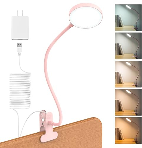 LiFMIRA Desk Lamp Clip on Light 8W 66 LED Reading Light for Bed, 5 Colors 10 Dimming Levels, Eye Caring Metal Reading Lamp, Clip lamp for Bed Headboard Home Office (Pink)