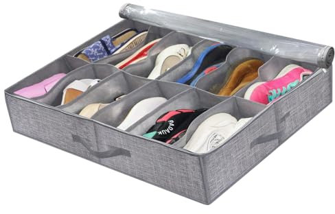Underbed Storage Box - 12 Pockets Underbed Shoe Storage Chest with Clear Lid, Foldable Underbed Storage Boxes, Storage Bag, Shoe Organiser, Bed Box for Men and Women