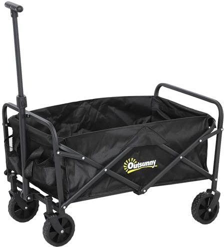 Outsunny 62L Festival Trolley on Wheels, Garden Folding Trolley Cart, 120kg Heavy Duty Collapsible Folding Wagon with Adjustable Handle and Carrying Bag for Beach, Camping, Festival, Black