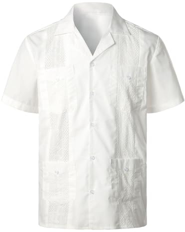 Foweknow Camisa para hombre Guayabera Camisa de manga corta Collar de almacenamiento Camisa Casual Oriente Medio Camisa árabe con múltiples bolsillos Casual Camisa de playa para bodas Fiesta Moda