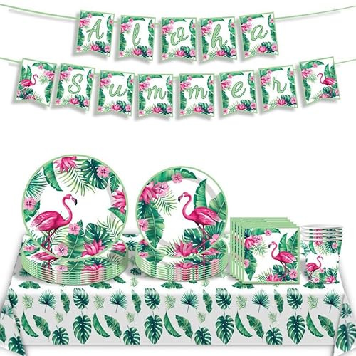 JUNBAOYYDS Vajilla para Fiesta de Flamenco,Vajilla de Fiesta Hawaiana,platos de papel hawaiano,Decoraciones de Fiesta, 10 Invitados