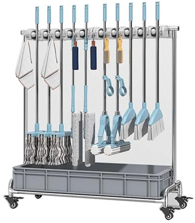 YCOVSFP Support À Balais Et Serpillères, Organiseur De Produits De Nettoyage, Chariot De Nettoyage À roulettes, Station De Rangement for Outils De Ménage, Garage, Jardin, Placard, Armoire(12hooks)
