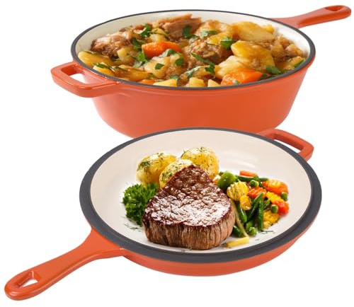 2-in-1 Dutch Oven & Bratpfanne, 3QT emaillierter Gusseisen-Dutch Oven Topf mit 1,5 QT Bratpfannendeckel, vielseitige Töpfe zum Schmoren, Aufläufe und langsames Kochen, funktioniert auf allen Herdarten