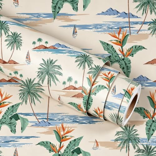 Stickyart Carta Da Parati Beige Adesiva Tropicale Impermeabile 44.5cmx200cm Beige Carta Adesiva Per Mobili Con Motivi Palme E Isole Pellicola Adesive Per Mobili Bagno Camera Rivestimento Parete