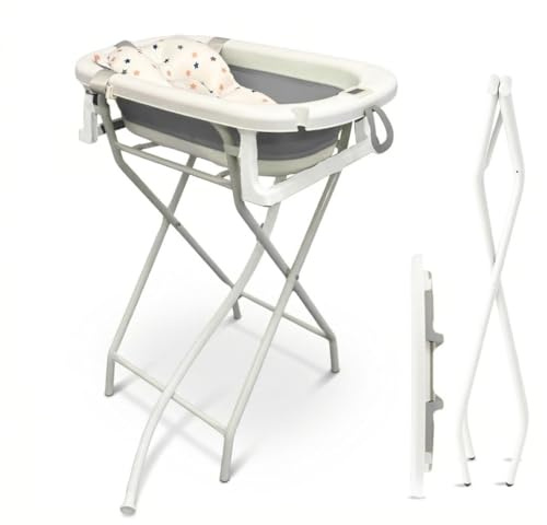 BATHBY Bañera de Bebé con Cojín Reductor, Termómetro y Soporte Plegable | Pack Completo para Recién Nacidos | Bañera Ligera, Segura y Compacta | Soporte Elevado Estable y Fácil de Guardar | Gris