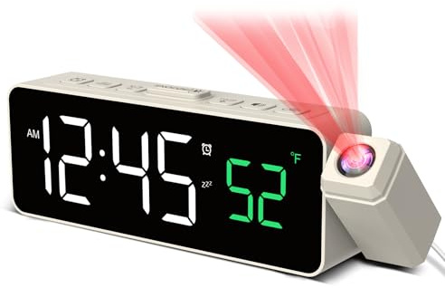 Digital väckarklocka med 180°-projektor, temperaturdisplay, LED-skärm, 4 ljusstyrkenivåer, 3 volymnivåer, 9 minuters snooze-funktion, 12/24 timmars väckarklocka, projektion väckarklocka (beige)