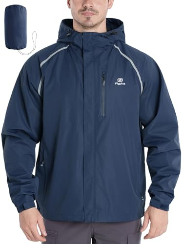 Flyplus Chubasquero para hombre, ligero, impermeable, plegable, con capucha, chaqueta reflectante para bicicleta, cortavientos, transpirable, para senderismo, correr, camping al aire libre | 400 g, ultraligera, parte trasera ventilada para mayor transpirabilidad, 4 bolsillos para senderismo, ciclismo