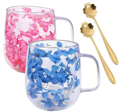 Juego De 2 350 ML Tazas De Café De Vidrio De Flores Secas,Vaso Doble Pared Con Cuchara,Vasos Doble Pared Transparente,Taza De Café De Dobles Pareds Para Té,Cerveza,Café Helado,Leche,Azul+Rosa
