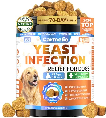 Yeast Infection treatment for Dogs, 200 Chew Carmelie Yeast Balance Healthy Itch Relief, Ear Paw Care for Dog, Allergy immunity Supports, Inflammation for Dogs, Chinken Flavor (70 days Supply)