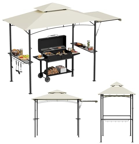 TATIVALO Grillpaviljong beige BBQ paviljong med dubbelt tak 245 x 141 x 253 cm, sidohylla, krok, väderbeständig grillbaldakin, trädgårdspaviljong med rökutsugning, för trädgårdsfester och grillar