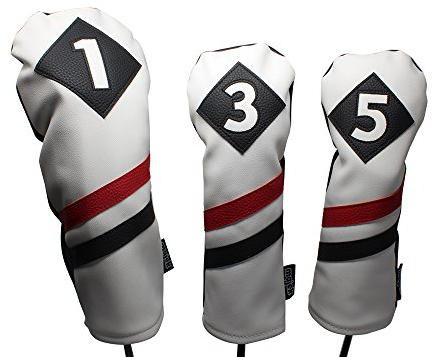 Majek Golfschlägerhauben im Retro-Stil, Weiß/Rot/Schwarz, Vintage-Stil, Leder, 1/3 / 5 Driver und Fairway Schlägerhaube, passend für 460 cc Fahrer, klassischer Look