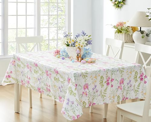 Newbridge Wildflower Fields Floral Vinyl Flannel Backed Tablecloth, 52 x 70 Inch Rectangle, Pink and Purple Wild Flowers Easy Care Vinyl Tablecloth with Flannel Backing for Holiday Party