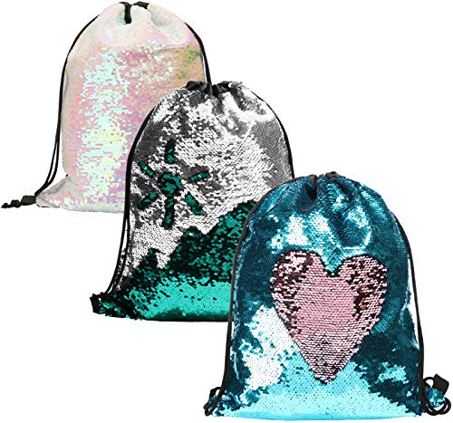 com-four® 3x Fashion-Beutel mit Wendepailetten - Hipster-Bag, Turnbeutel, Matchbeutel - Pailletten-Rucksack zum Shoppen, fürs Training oder am Badesee