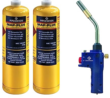 Super Instant Fire TT2000 Blow Torch and 2 x Mapp+ Gas Cylinder | Blowtorch & Map Gas Canisters for Soldering Brazing Thawing Heat Treatment | Mapp Plus Blow Torch Plus Map+ Included | by Pipestation