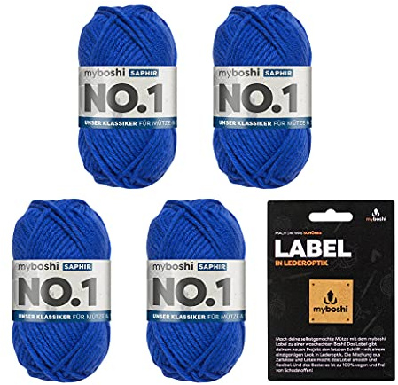 myboshi No.1 Wolle zum Häkeln und Stricken, Schnellstrickgarn, inkl. Label, Strickwolle, Häkelwolle, mulesing-frei, Ll. 55m /50g, 30% Wolle (Merinowolle) Blau (Saphir), 4 Knäuel
