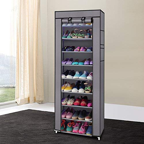 Outvita Rangement Armoire Tissu Meuble à Chaussures 58x29x160cm,Gris | Armoire Étagères à Chaussures avec Housse 9 Couches