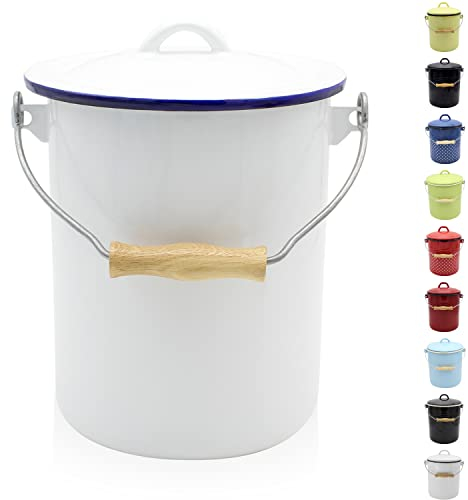 KRÜGER Mülleimer mit Deckel - Stahl Abfalleimer mit Emaille-Beschichtung und Holzgriff - schnitt- und kratzfeste Oberfläche - langlebig und vielseitig einsetzbar (3 Liter, weiß)