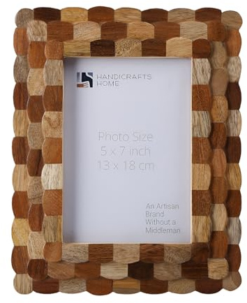 Handicrafts Home Wood Picture Frame Handmade 5x7, Artisan Hive Collection Scallop Pattern Wood Photo Frame for Wall & Table, Rustic Farmhouse, Vintage Shelf & Boho Home, Christmas & Holiday Decor Gift