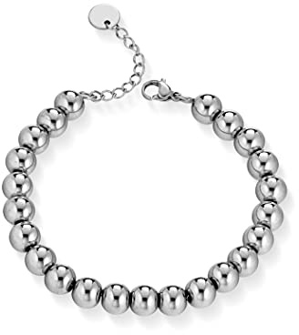 Bracciale con Sfere in Acciaio Argentate Regolabile Unisex Uomo Donna - Braccialetto Acciaio Inossidabile - Chiusura a Moschettone Elegante e Raffinato - Con Scatola e Certificazione - Sfere 6 mm