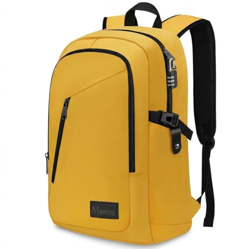 Mancro Anti-Theft Backpack,Lightweight Laptop Backpack 15.6 Inch with USB Charging Port & Lock,Water Resistant Small Laptop Rucksack for Men Women,Work Bag Gifts for office,Casual School Bag,Yellow