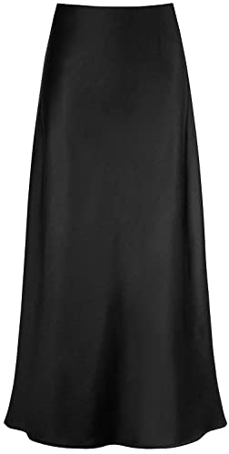 Outoshe Falda Larga de satén de Cintura Alta para Mujer, Cintura elástica Oculta, Falda Larga Acampanada, Negro, M