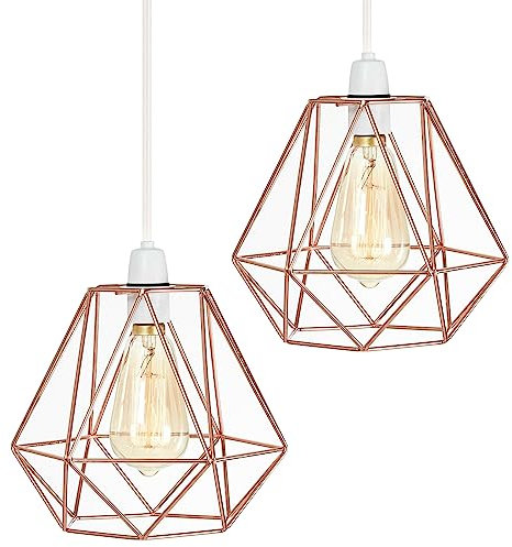 DC Voltage 2 Pack of Retro Style Metal Basket Bird Cage Geometric Ceiling Pendant Light Shades, Open Wire Frame Vintage Bulb Guards for Kitchen, Living Room, Bar | Free Reducer Ring (T1-Rose Gold)