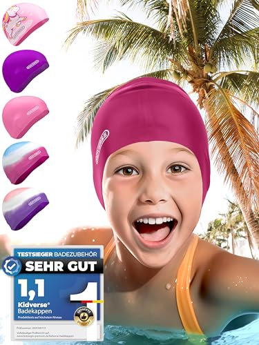 KIDVERSE Badekappe Kinder wasserdicht - Schwimmhaube Kinder mit Anti-Rutsch-Noppen - Badekappen für Schwimmer mit UV Schutz - Schwimmhaube Mädchen - Reißfeste Badehauben in verschiedenen Größen