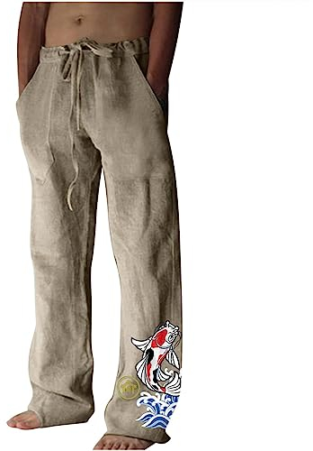 WLHBF Herren Jogginghose Basic Sweatpants Baumwoll-Leinen-Hose für Herren, Druck, lässig, lockere Passform, Baggy-Hippie-Stil, Retro, klassisch, leichte Yoga-Hose