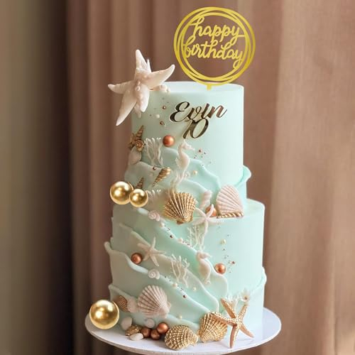 Starfish Conch Cake Toppers Seahorse Shell Coral Cake Decorations with Golden Ball for Shell Starfish Beach Themed Ocean Summer Birthday Supplies (Style 01)