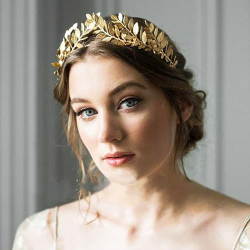 Jascatin feuille d'or cheveux avec couronne fille demoiselle d'honneur mariée Tiara cheveux avec coiffure pour les enfants et les adultes Fête de mariage carnaval