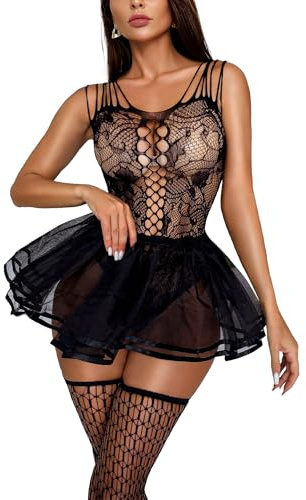 RSLOVE - Conjunto de lencería para mujer, con ropa sexy, camisón de malla y medias de rejilla