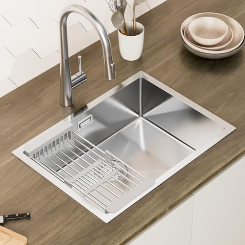 CECIPA Évier de cuisine, 60 x 44 cm, rectangulaire, en acier inoxydable 304, avec siphon, lavabo de cuisine, pour armoires inférieures à partir de 60 cm de large, 1 évier encastrable en acier