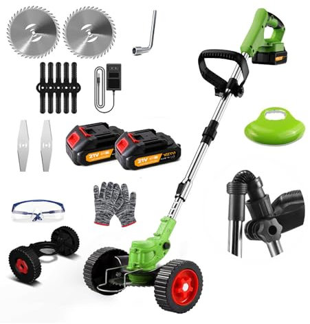 Cordless Garden Strimmer, 21V Electric Grass Trimmer 2x2.0Ah Battery Strimmer Metal Blade Cordless Strimmer, Telescopic Lightweight Grass Cutter Electric Weed Wacker for Clearing Weeds Flower Lawn