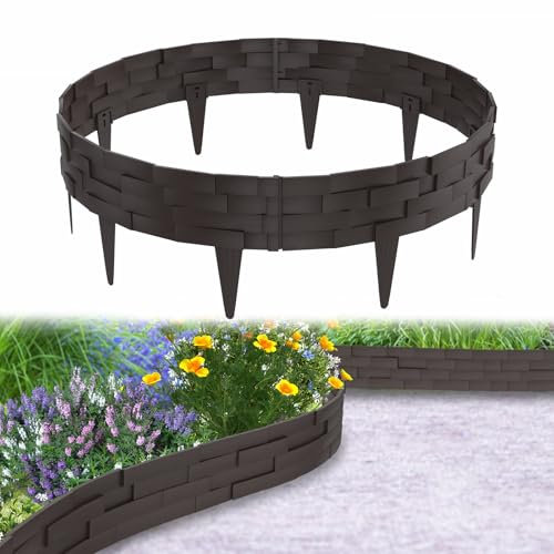 Aufun 5m Rasenkante Steinbricksimulationsstil Beeteinfassung Kunststoff mit 10 Elemente á 100 cm, Steinbricks-Optik Design Garten Beetumrandung Biegbarer Mähkante Beetbegrenzung Flexible(Braun)