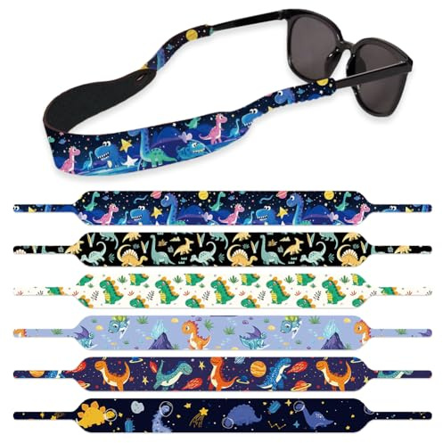 DOODLREAM 6 lanières flottantes pour lunettes de soleil, lanières légères en néoprène pour lunettes avec 6 motifs différents de dinosaures, retient les lunettes imprimé coloré