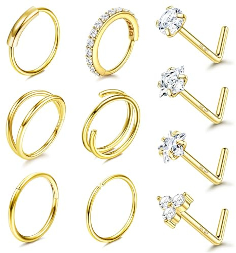 Kabwea Nasenpiercing, anneau nasal 14K avec remplissage en or 14 carats, boucle d'oreille 20G, lot de 10 piercings nasaux, set de piercings, studs