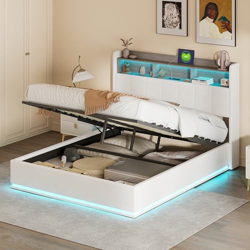 Yeutre Lit Coffre 140x200 cm avec éclairage LED et Charge USB Lit Double Capitonné avec Rangement et Tete de lit Rembourré avec sommier à Lattes pour Adultes et Adolescents(sans Matelas)