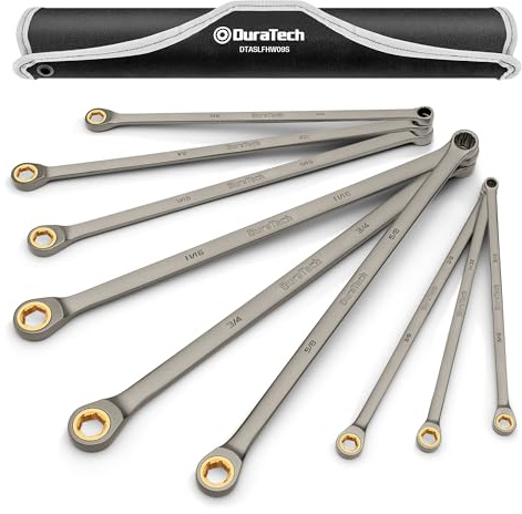 DURATECH Extra Long Anti-Slip Ratcheting Wrench Set, Double Box End Wrench Set, 9-Piece, SAE, 5/16, 11/32, 3/8, 7/16, 1/2, 9/16, 5/8, 11/16, 3/4, CR-V Steel, with Rolling Pouch
