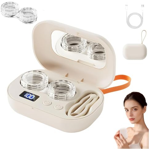 Ultrasonic Contact Lens Cleaner, Rechargeable Eye Contact Cleaner with Vanity Mirror Compact Contact Lens Cleaner with Two Cleaning Modes Fits Hard, Soft, Multicolor Contact Lens (1pc)
